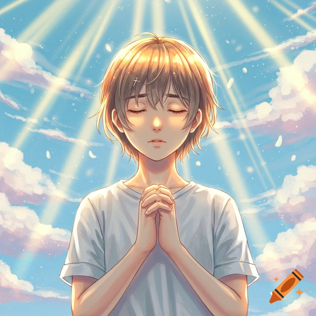 An anime-style boy with short brown hair, eyes closed, praying with hands clasped, bathed in light rays from a blue sky with clouds.