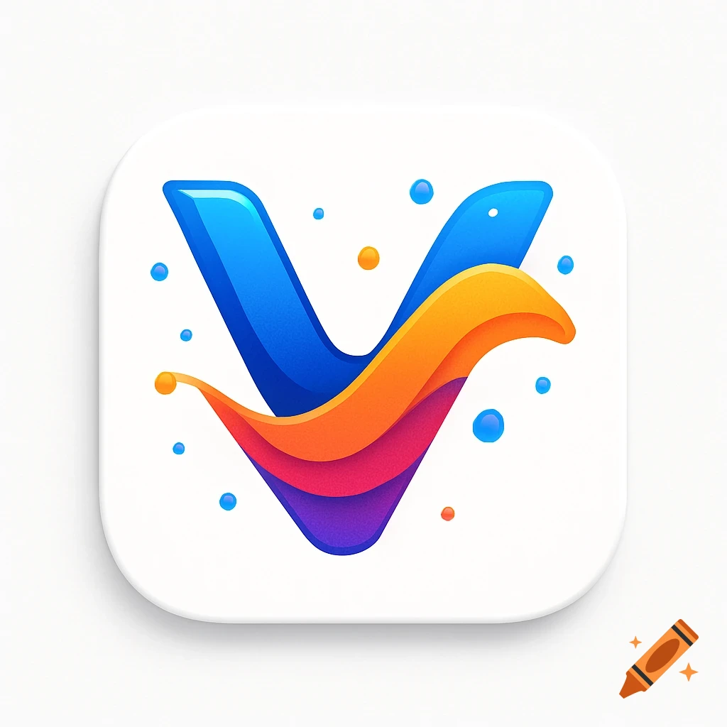 A vibrant, stylized letter V logo in blue, orange, and purple, with floating bubbles, on a white rounded square icon.