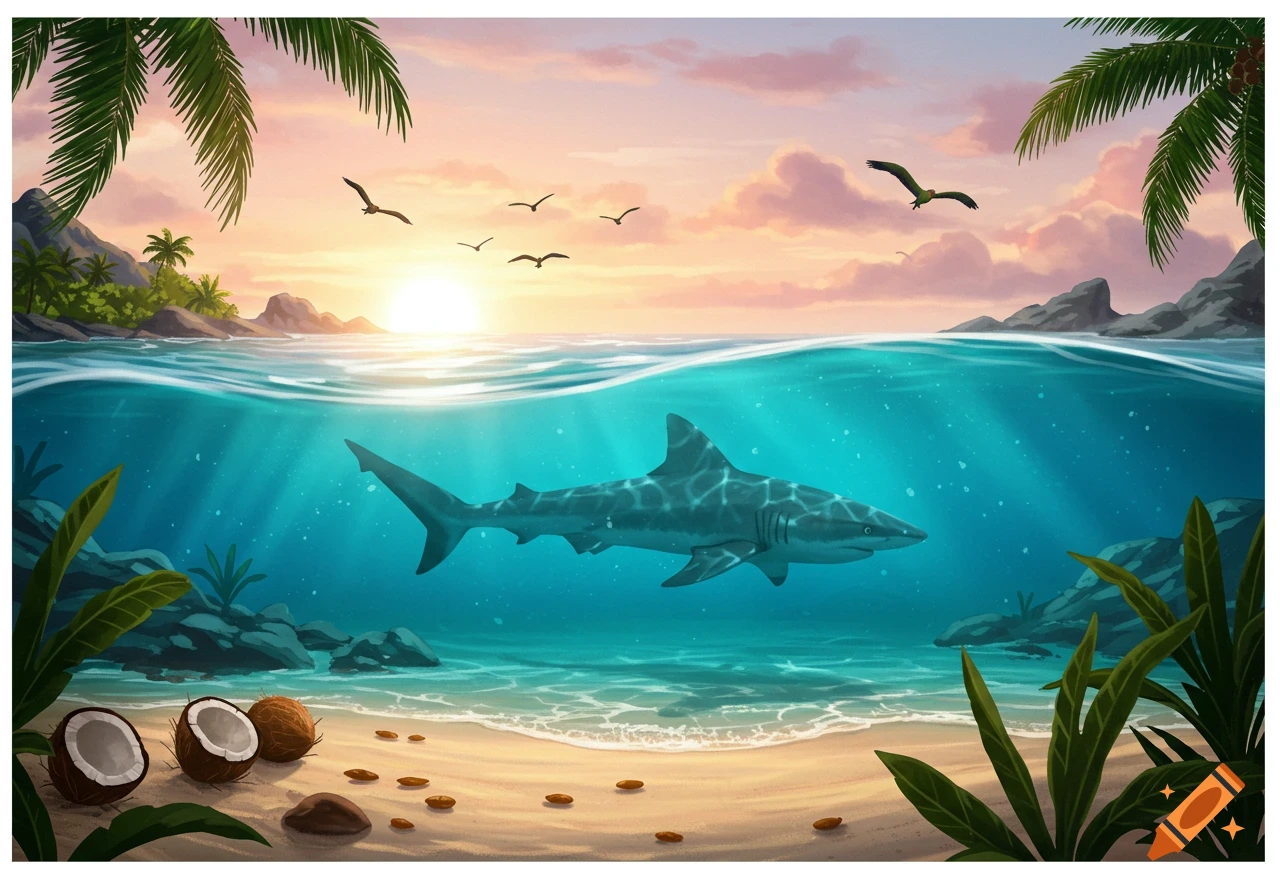 Illustrated tropical beach at sunset with a shark swimming underwater, palm fronds, and coconuts on the sand.