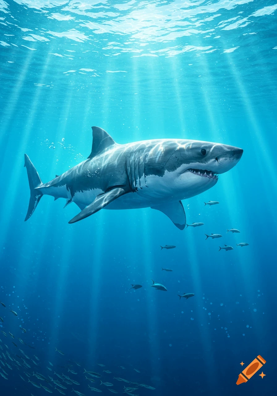 A photorealistic great white shark swims in deep blue ocean water, with sun rays piercing from the surface.