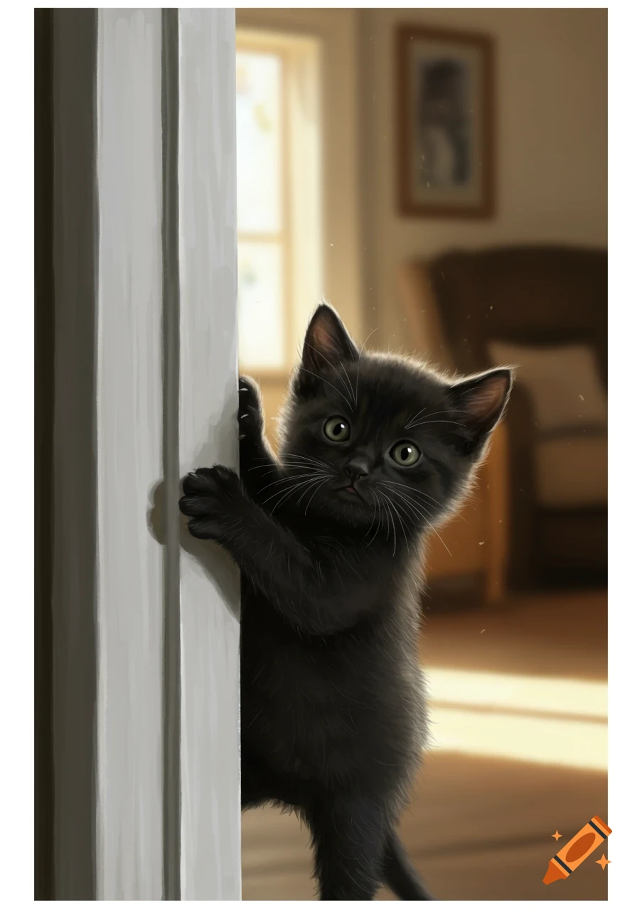 A fluffy black kitten with large green eyes peeks from behind a white door frame in a sunlit room.