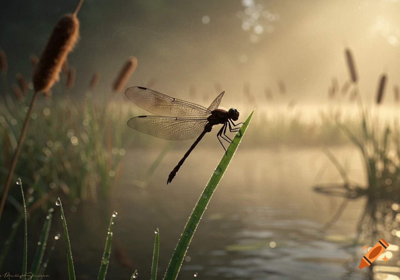 Photorealistic image of a dragonfly perched on a dewy blade of grass by a misty pond at sunrise, with cattails in the background.