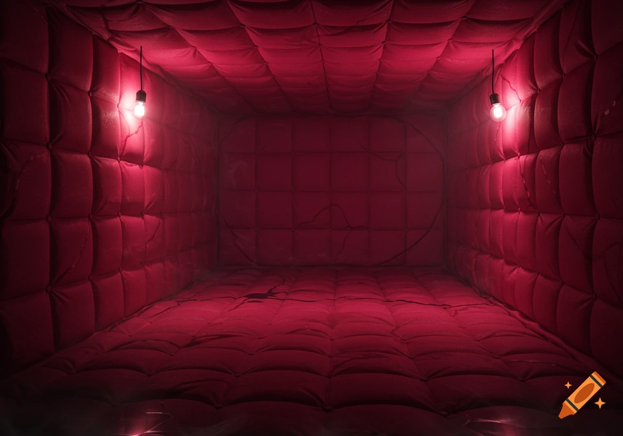 A dimly lit, confined room with dark red tufted padding covering all surfaces, illuminated by two bare light bulbs.