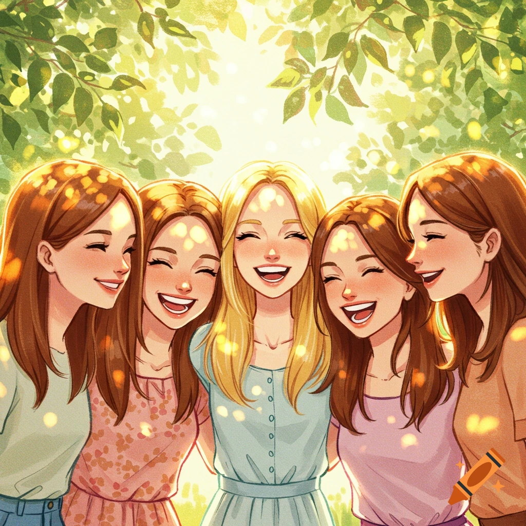 Five smiling cartoon-style girls, one blonde and four brunettes, hug each other under a sunlit tree canopy.