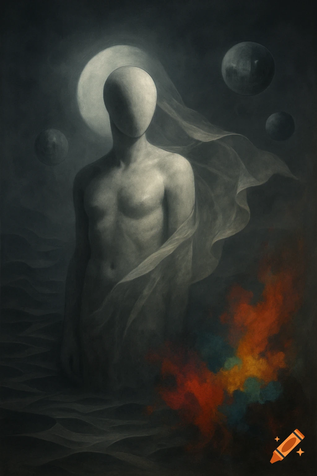 Surreal painting of a faceless humanoid figure under a crescent moon and planets, with colorful fire on dark wavy terrain.