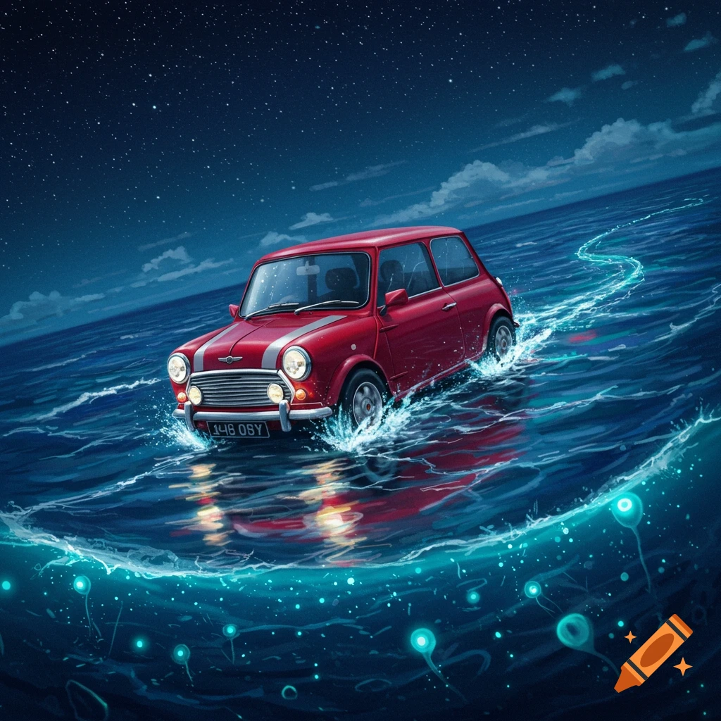 A red Mini Cooper drives through glowing blue ocean water at night under a starry sky, stylized illustration.