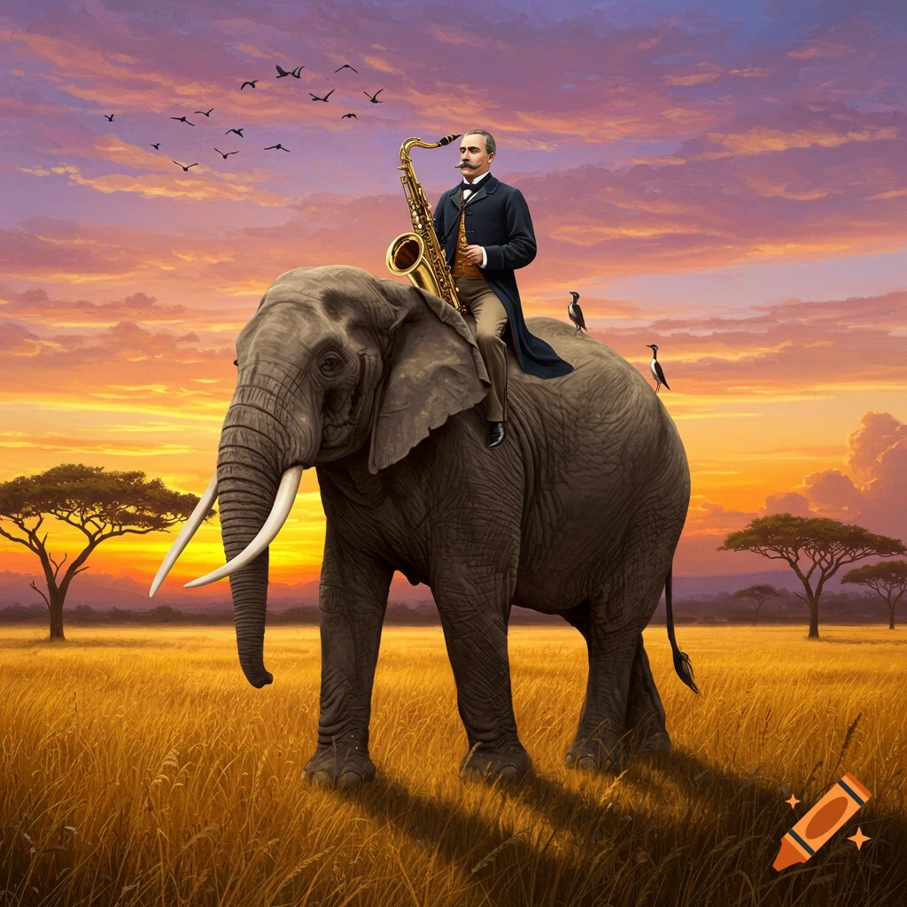 A man in a suit rides an elephant across a golden savanna at sunset, playing a saxophone. Birds fly in the sky and perch on the elephant.