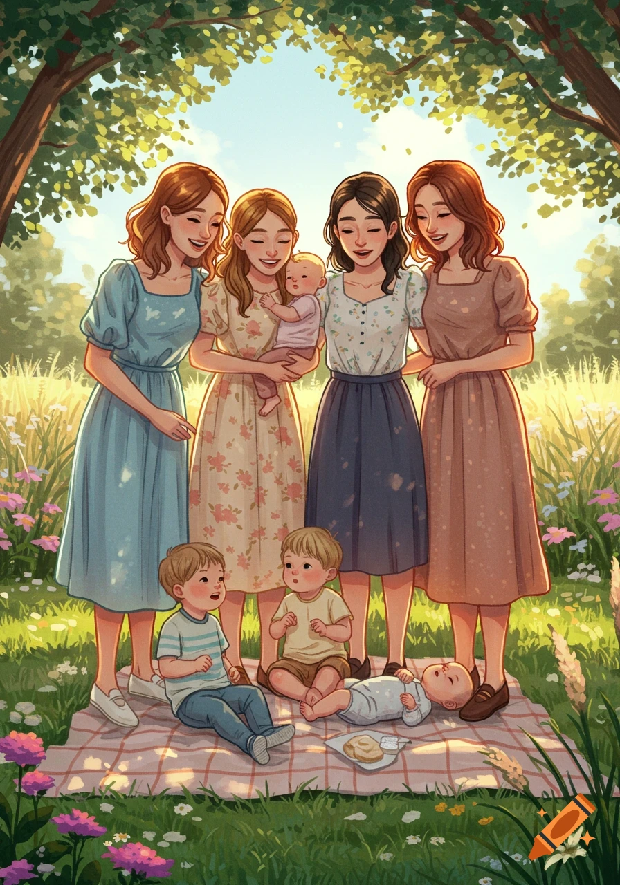 Four women and three children gather for a picnic under a tree in a sunny, grassy field, in an illustration style.