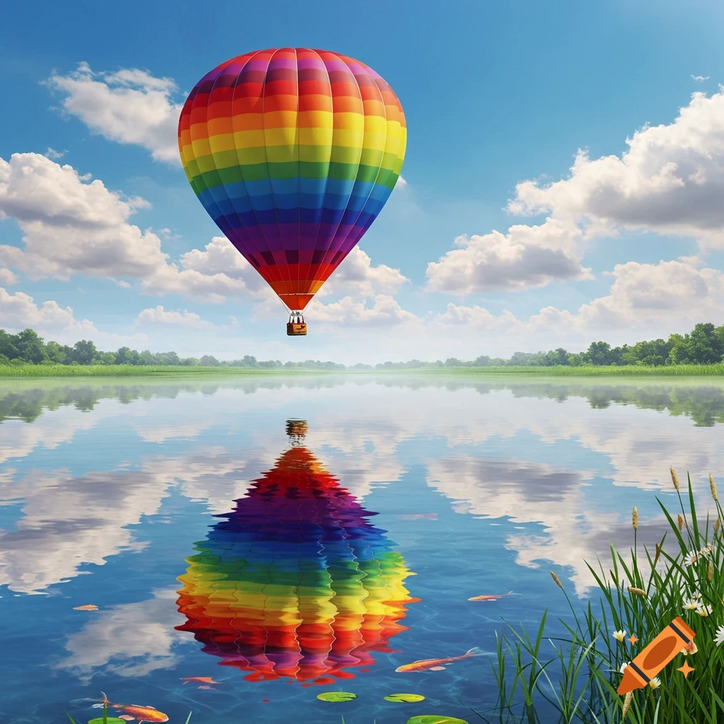 A vibrant rainbow hot air balloon gracefully floats above a serene lake, its colorful reflection mirroring in the water amidst fish and lily pads.