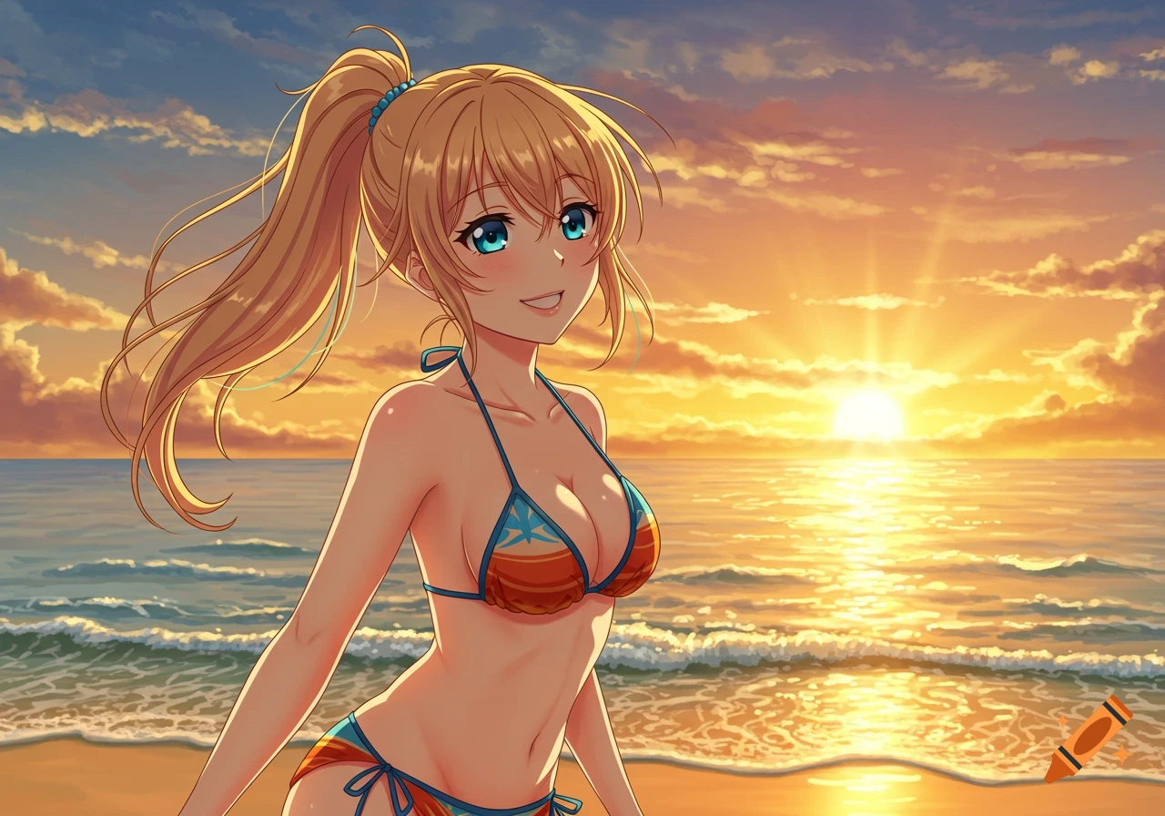 Anime-style illustration of a cheerful blonde woman in an orange and blue bikini on a sunny beach at sunset.