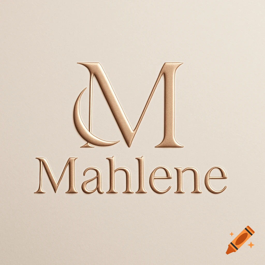 Rose-gold embossed Mahlene logo with a crescent moon integrated into the letter 'M' on a warm beige background.