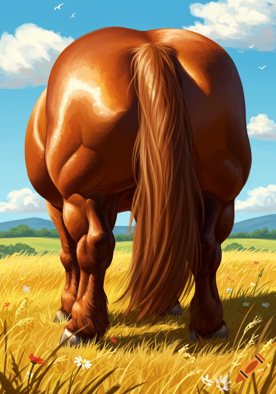 A brown horse's hindquarters and tail in a sunny golden field with distant green hills and a blue sky, illustration style.
