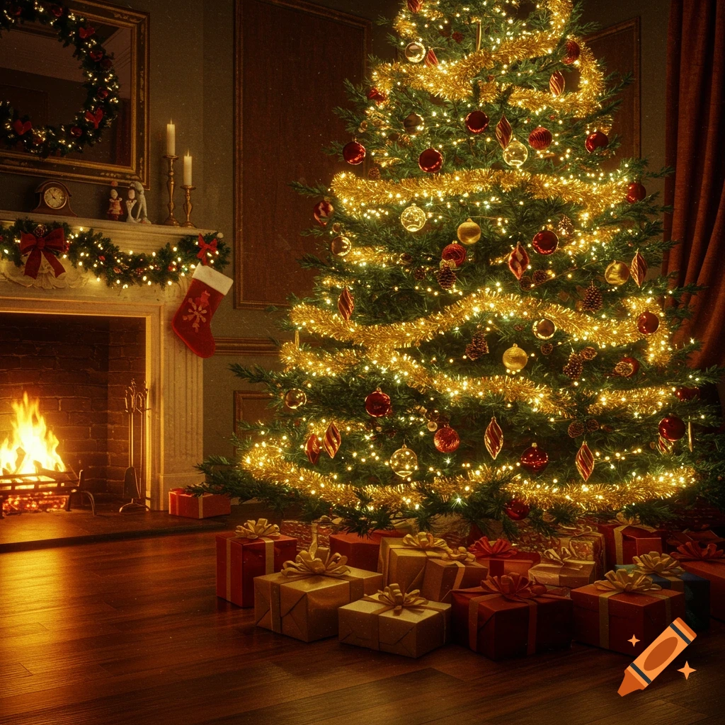 A warmly lit room with a decorated Christmas tree, glowing fireplace, and presents on a wooden floor.
