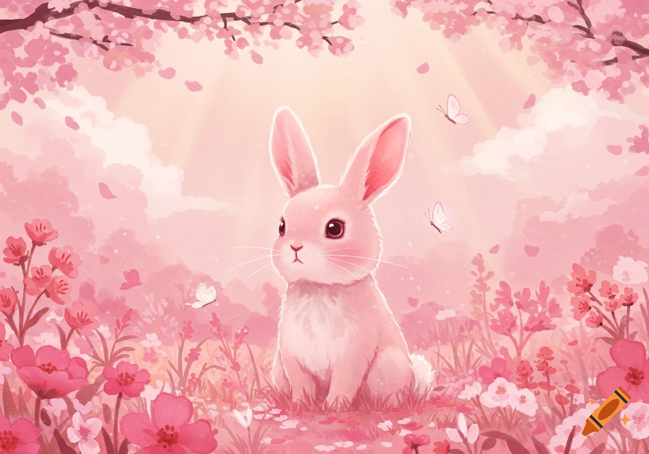 A cute pink bunny sits in a lush field of pink flowers with cherry blossoms overhead, in a soft watercolor illustration style.