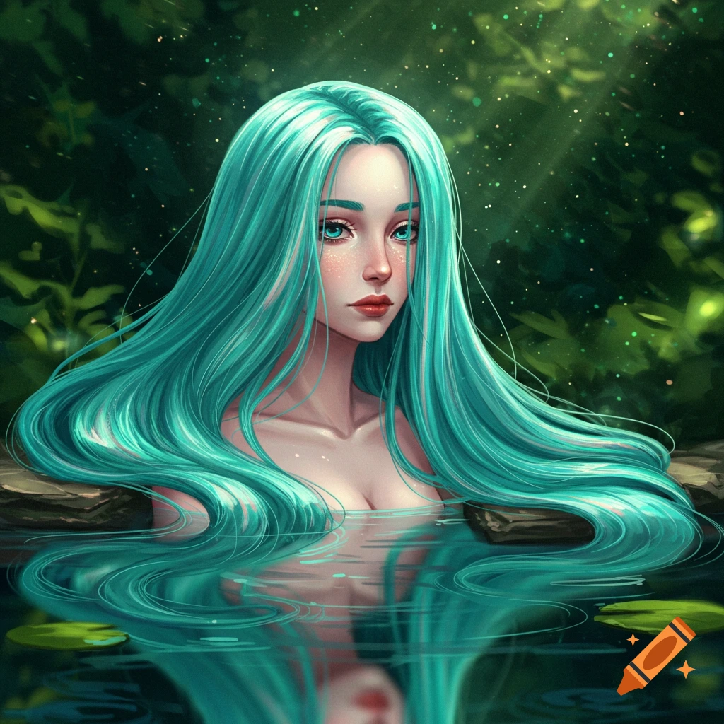 Digital painting of a woman with long, teal hair in water, surrounded by green foliage.