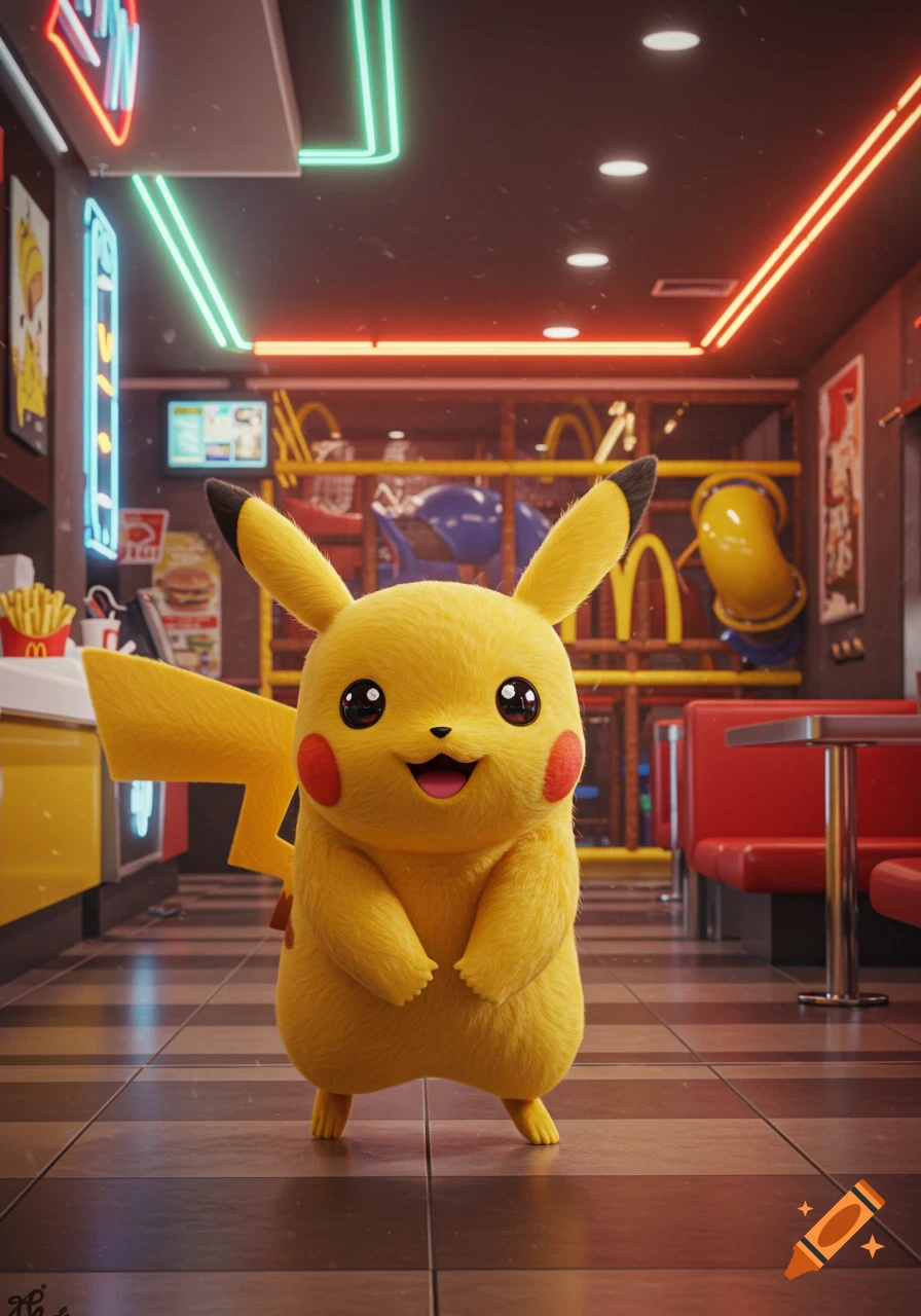 A fluffy yellow Pikachu stands smiling in a McDonald's restaurant with neon lights and a playplace in the background.