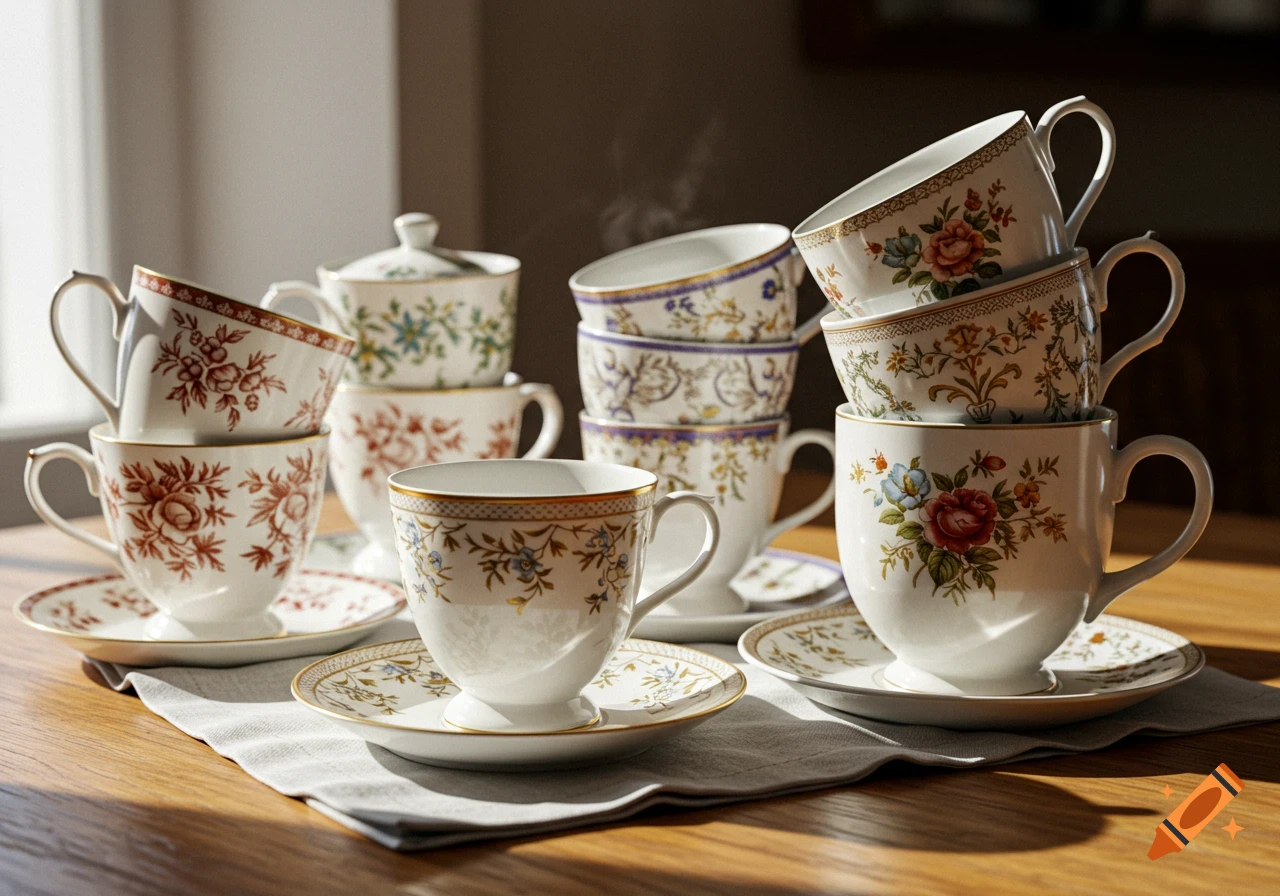 A collection of ornate, floral-patterned porcelain teacups and saucers stacked on a napkin on a wooden table, steam rising.