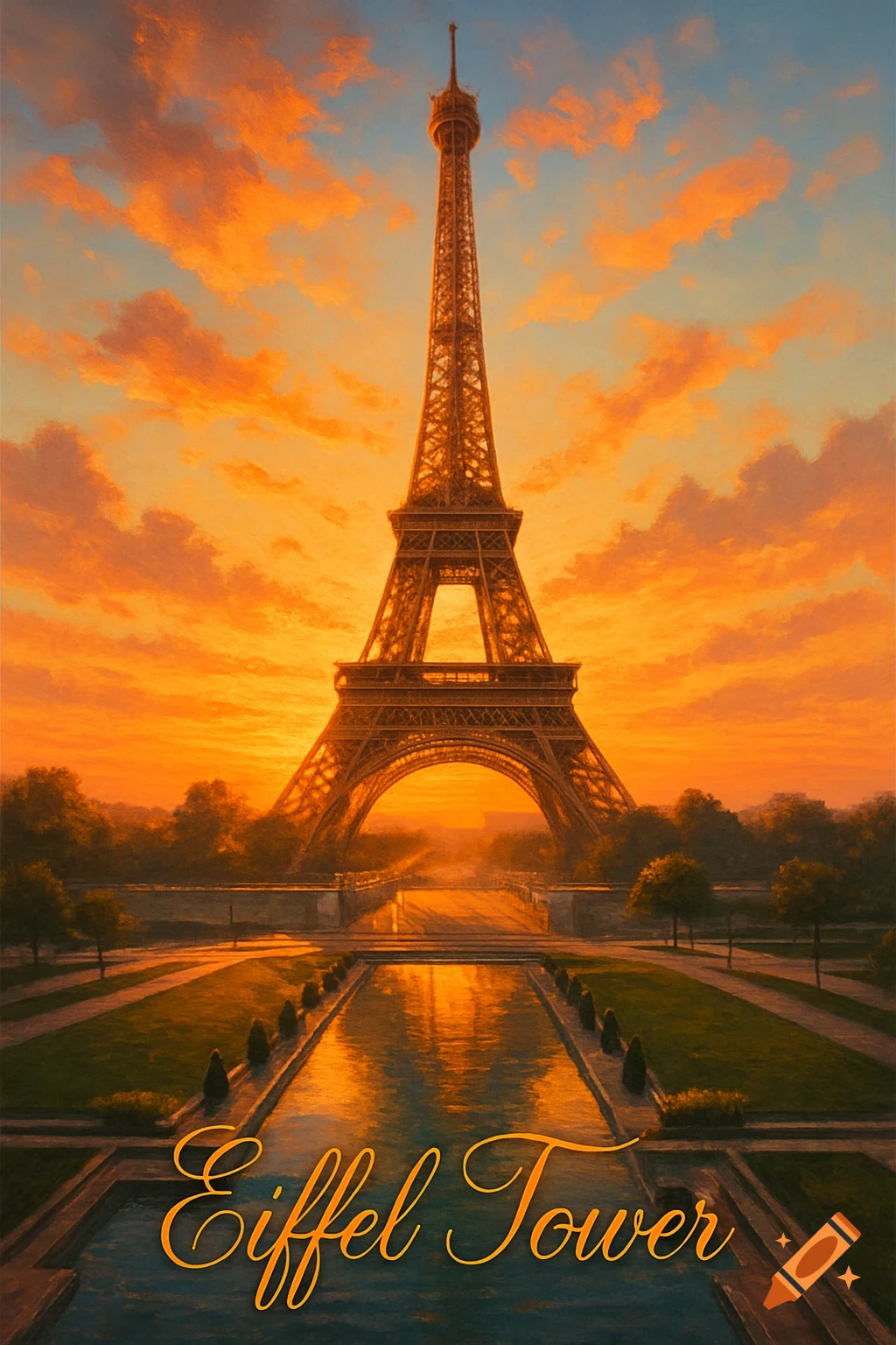 Digital painting of the Eiffel Tower at sunset with an orange sky, reflective pool, and lawns. 'Eiffel Tower' text on water.