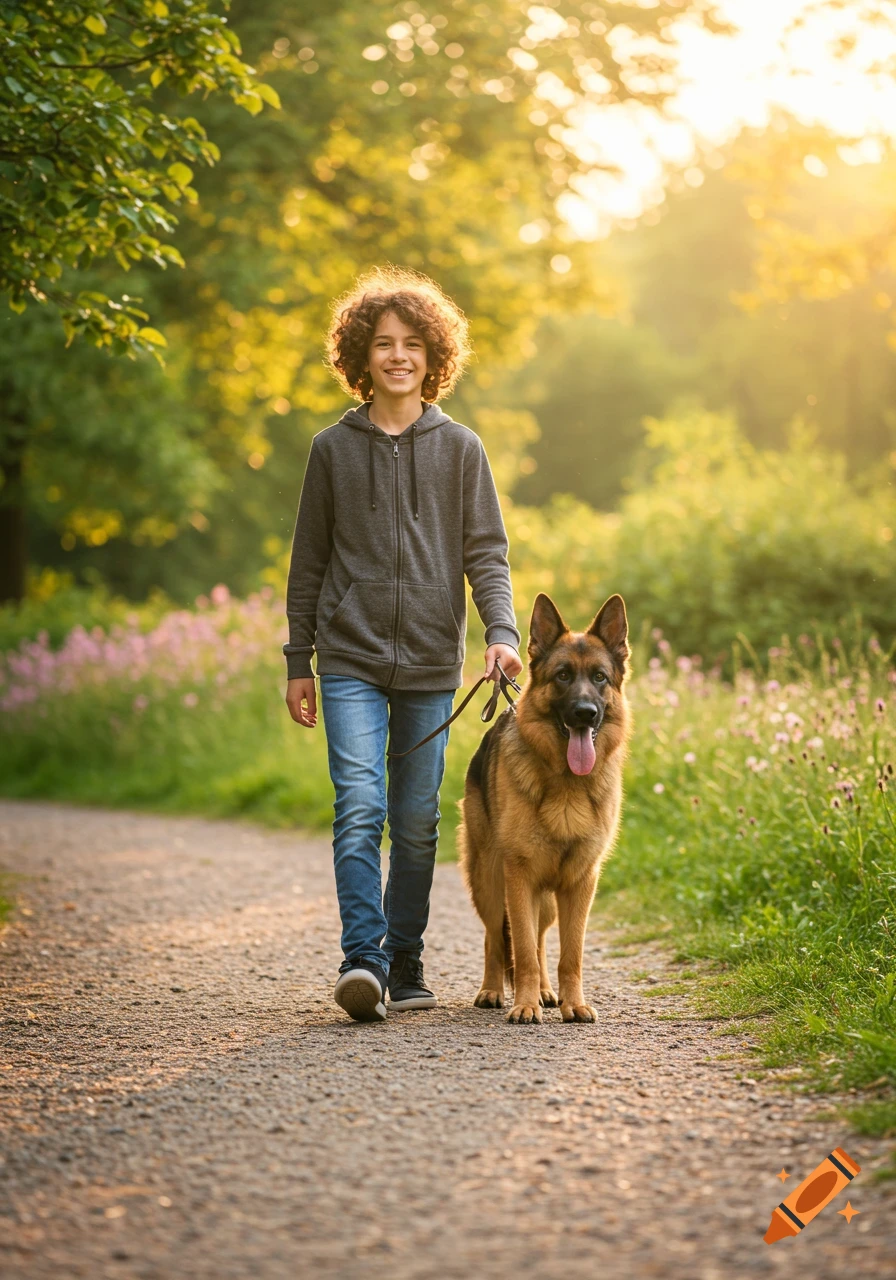 A cheerful boy with curly hair walks a German Shepherd on a leash on a dirt path in a sunny, photorealistic park.