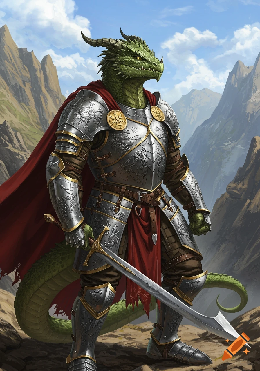 A green dragonborn warrior in elaborate silver and gold plate armor, holding a sword, stands in a mountainous landscape.