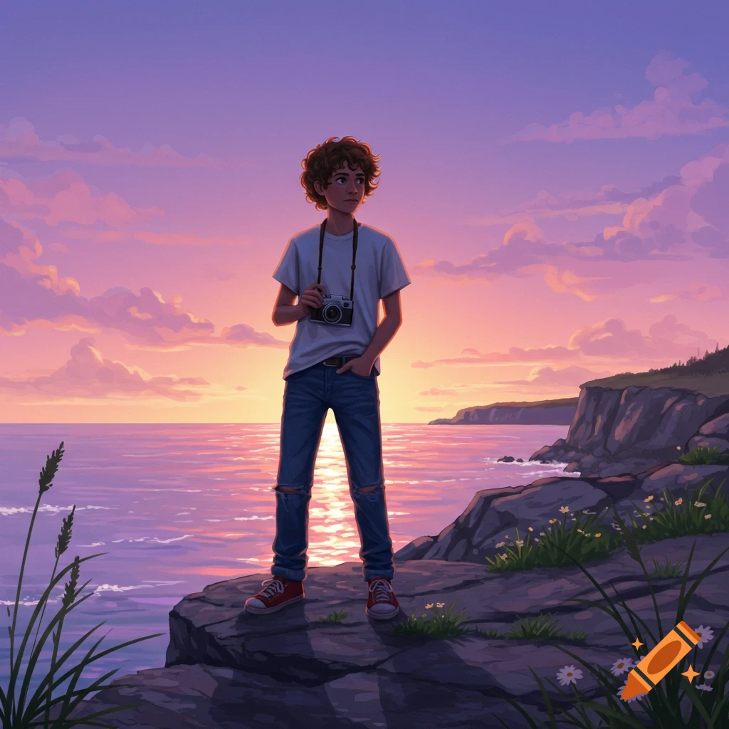 A teenage boy with curly hair and a camera stands on a cliff overlooking the ocean at sunset, in an illustration style.
