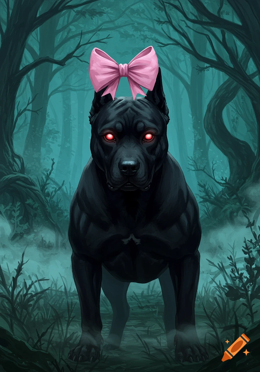 A muscular black dog with glowing red eyes and a bright pink bow on its head stands in a dark, misty forest.