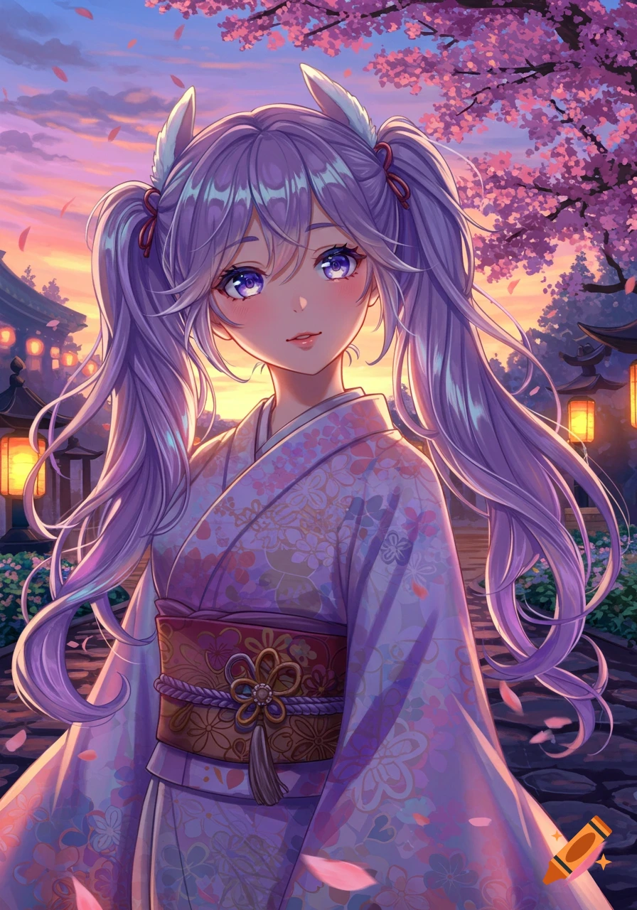 Anime girl with long purple pigtails and bunny ears in a floral kimono, standing in a Japanese garden under cherry blossoms at sunset.