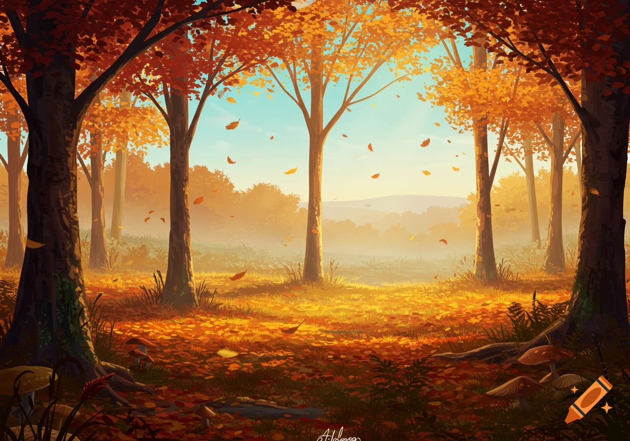 A vibrant illustration of an autumn forest with colorful trees, falling leaves, and sunlight filtering through the canopy.