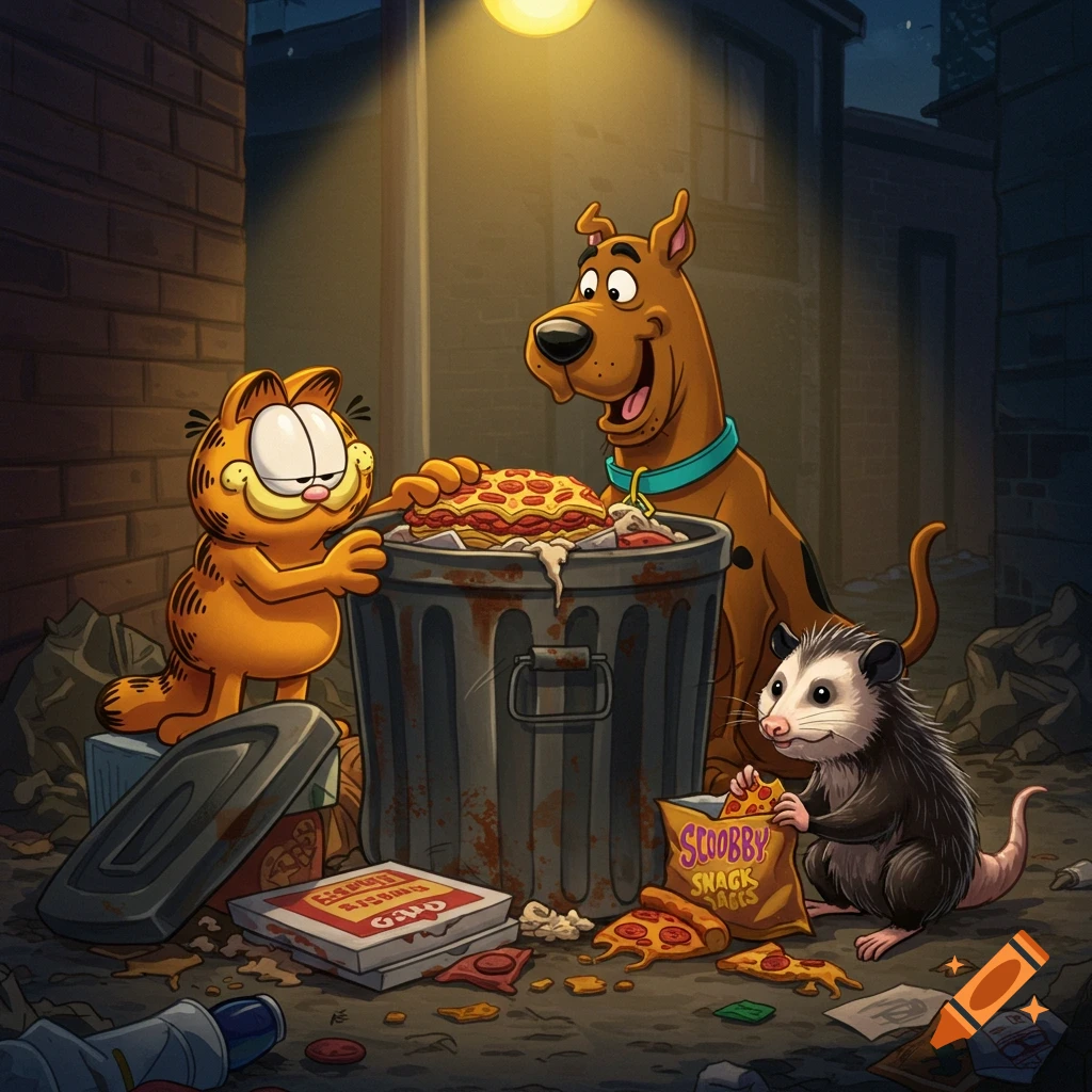 Cartoon image of Garfield, Scooby Doo, and an opossum eating pizza and snacks from a rusty trash can in a dark alley under a street lamp.