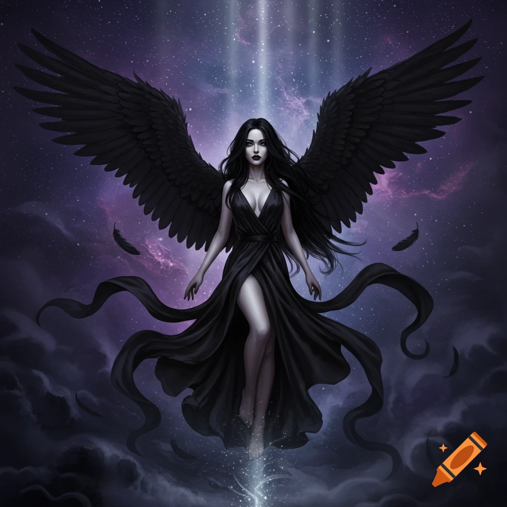 A dark angel with large black wings and a flowing black dress floats against a starry purple and blue sky.