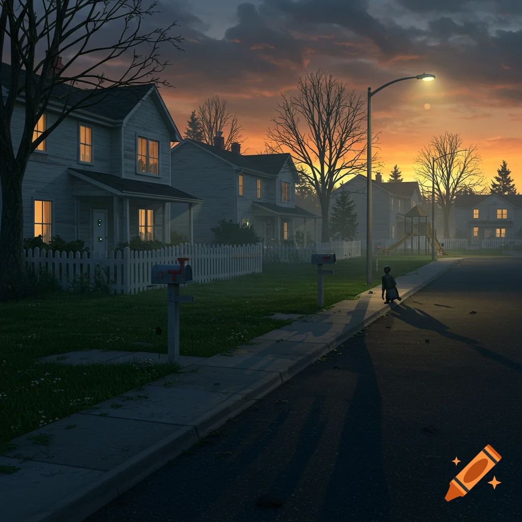 Eerie suburban street at dusk with identical houses, a lone child on the sidewalk, long shadows, and an orange sky.