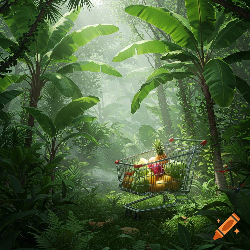 A metal shopping trolley overflowing with colorful fresh fruits sits in the middle of a lush, misty tropical jungle.