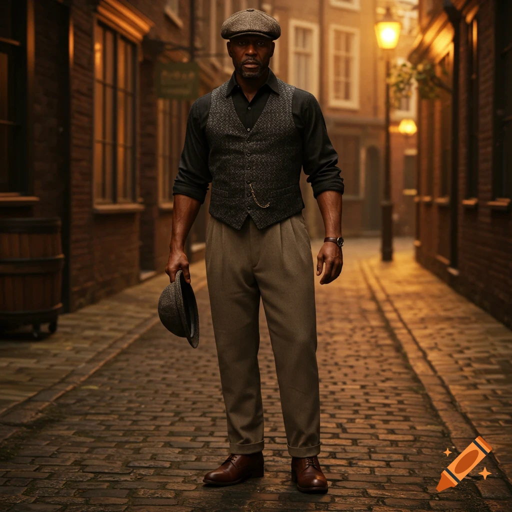 A man in a black shirt, waistcoat, beige trousers, brown boots, and a flat cap stands on a cobblestone street at dusk.