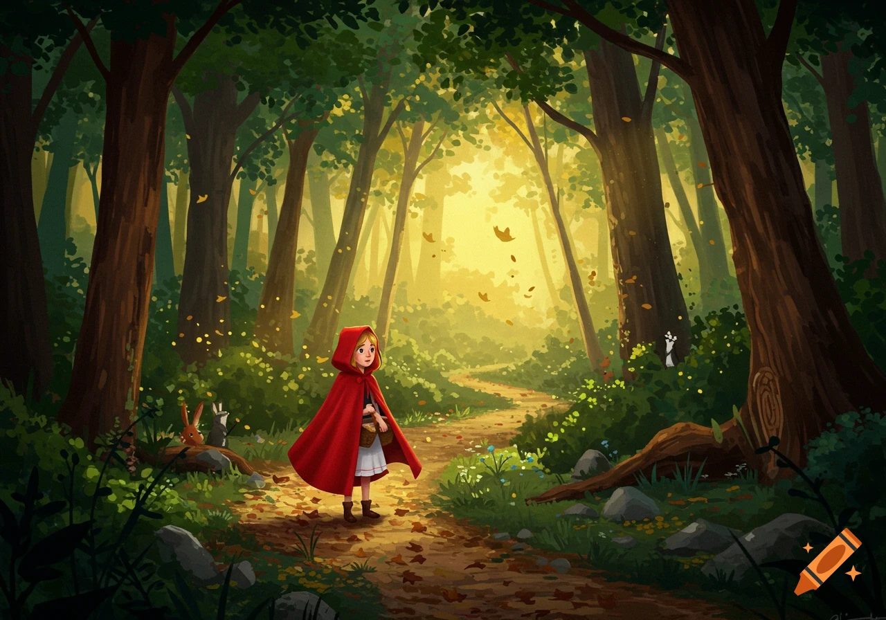 Little Red Riding Hood stands on a forest path, looking right, carrying a basket, in a vibrant illustrated style. Sunlight streams through trees.