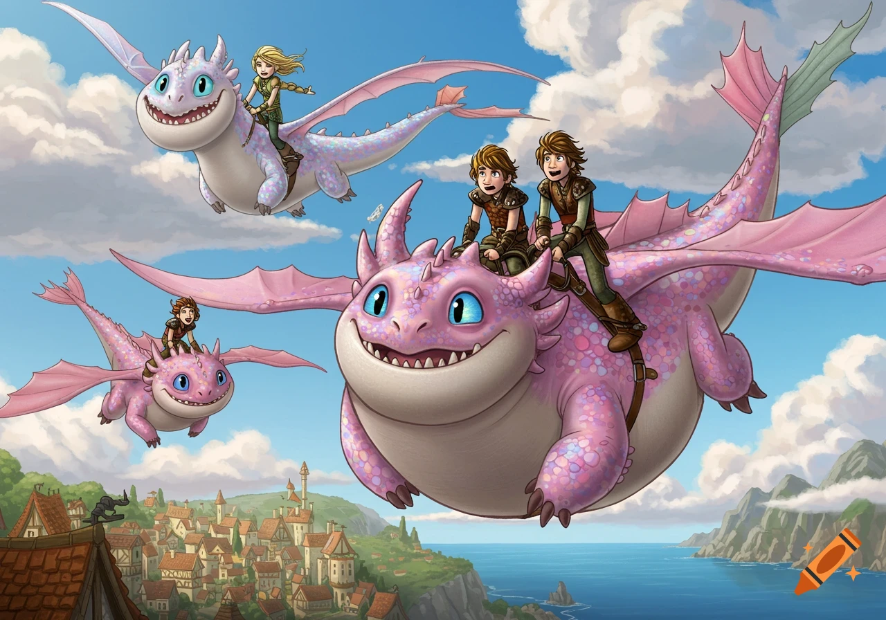 Cartoon characters fly on three adorable pink baby dragons over a detailed coastal village under a blue sky.