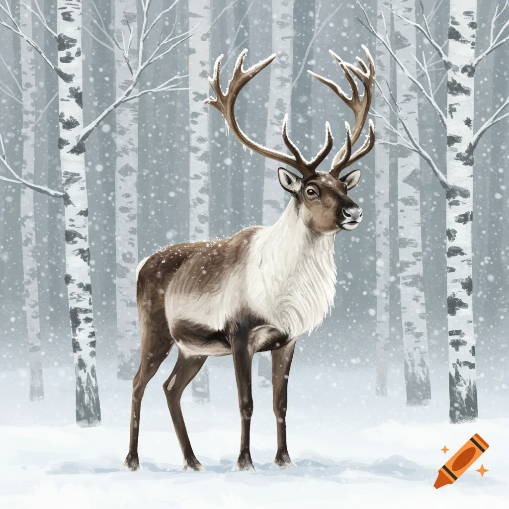 A majestic reindeer with large antlers stands in a snowy birch forest during a gentle snowfall.