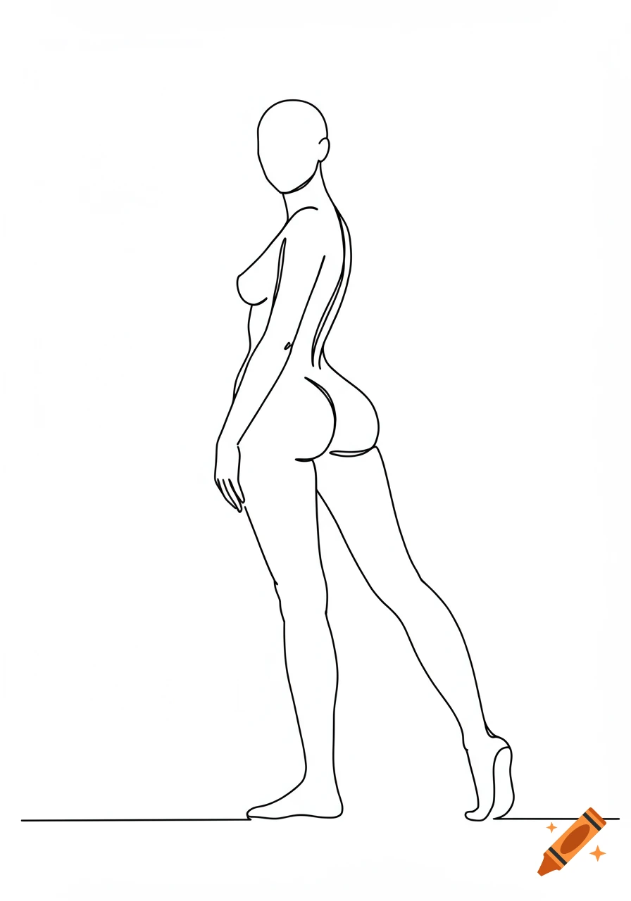 Minimalist line art sketch of a nude female figure, seen from behind, looking over her shoulder.