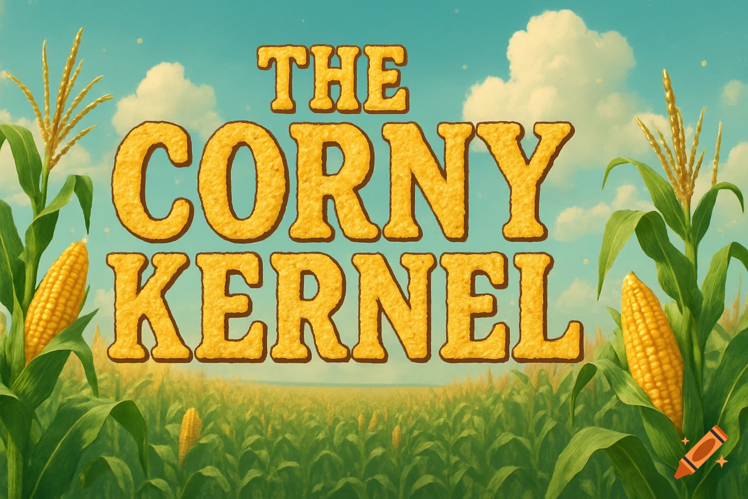 The phrase 'THE CORNY KERNEL' in large, yellow, textured letters over a vibrant, sunny cornfield.