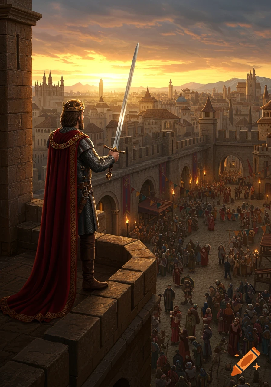 A king in armor and a red cape stands on a castle wall, holding a sword high over a bustling medieval city at sunset.