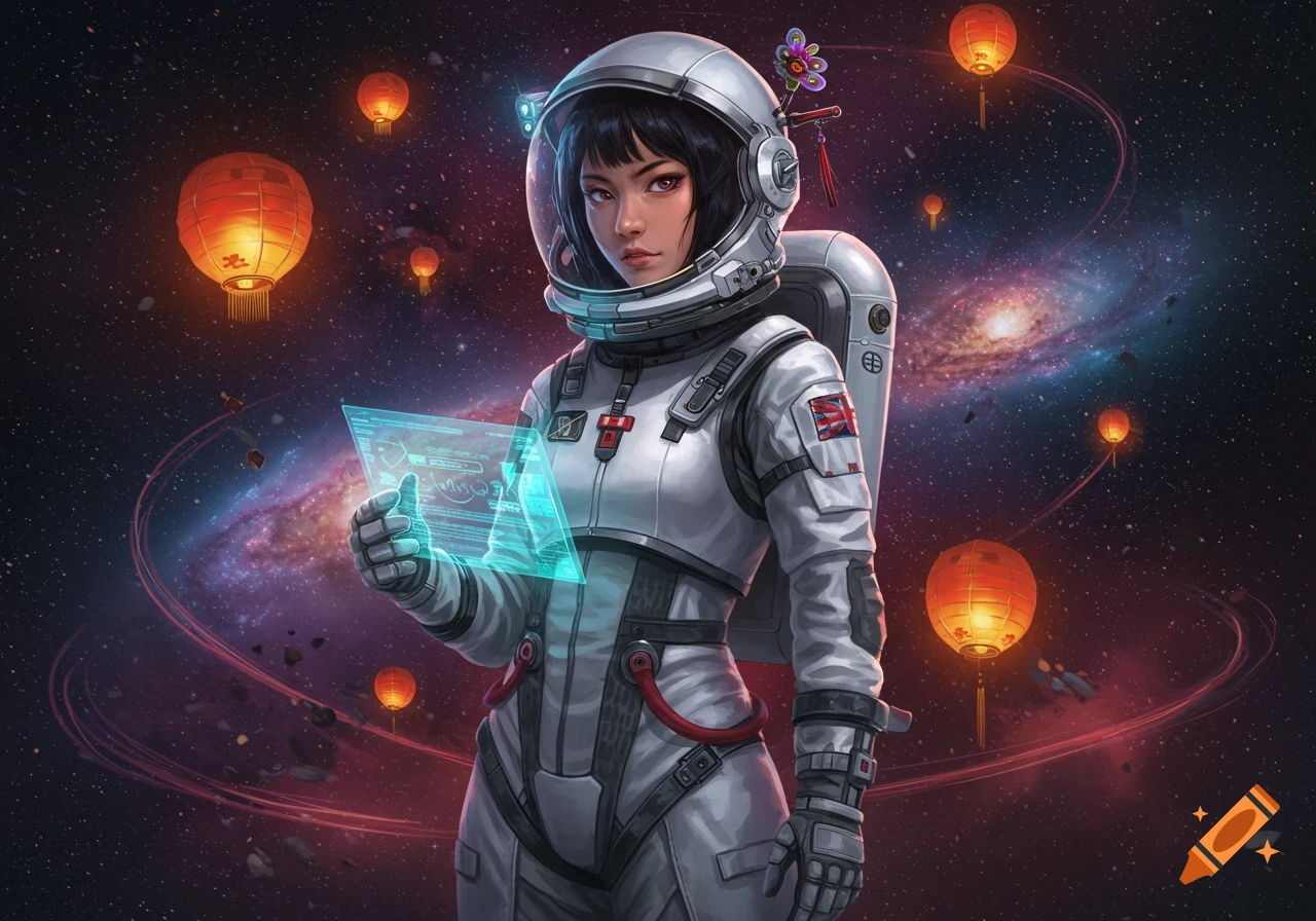 A Chinese-British female astronaut in a white suit holds a glowing holographic screen in deep space with galaxies and traditional lanterns.