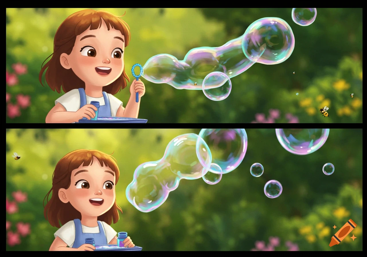 A cartoon girl with brown hair blows colorful bubbles in a green outdoor  setting with bees. on Craiyon, image size:1280x896