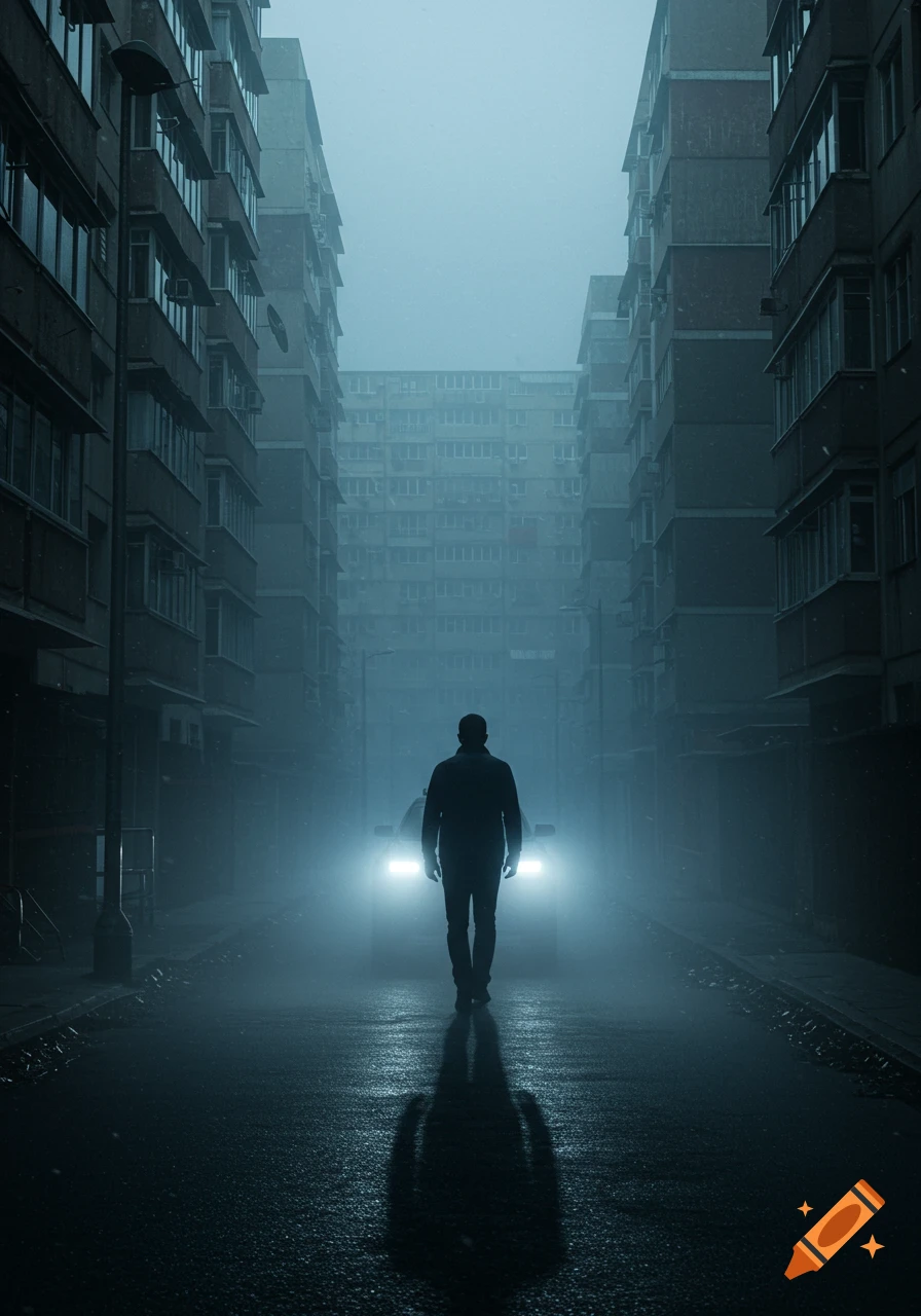 A man walks down a dark, foggy brutalist city street, headlights glowing behind him, in a cinematic shot.