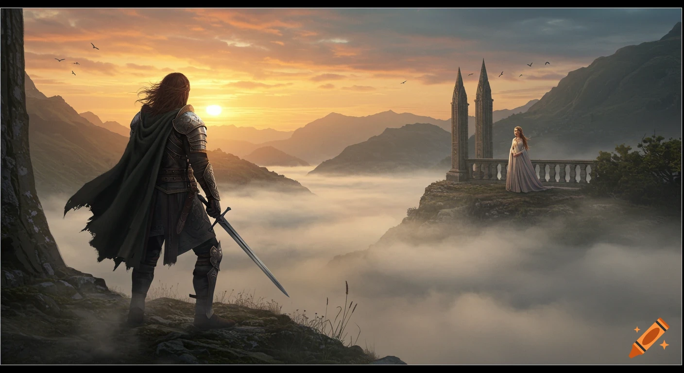 A warrior in armor stands on a misty mountain, looking towards a princess on a distant castle balcony at sunset. Epic fantasy style.