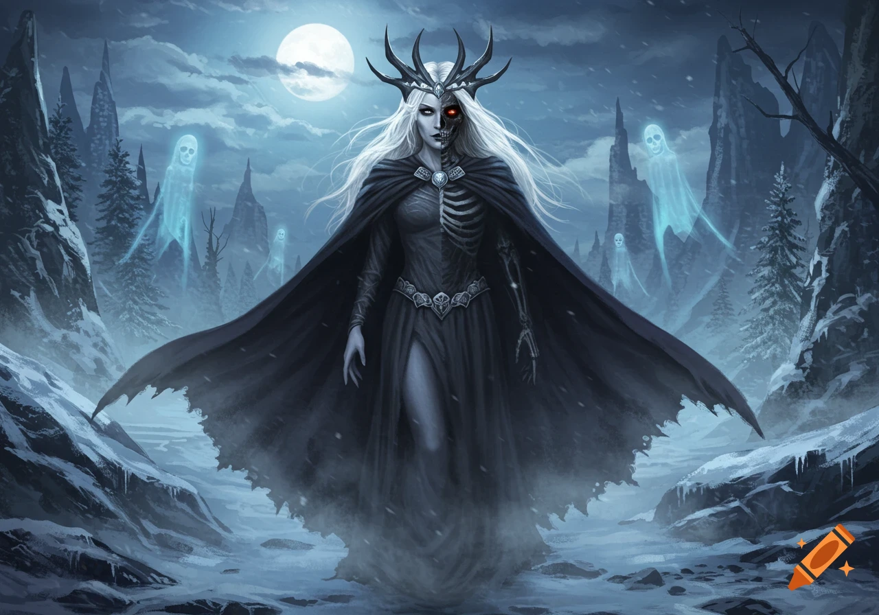 Dark fantasy art of a queen-like figure, half human and half skeleton, standing in a snowy, moonlit landscape with ghosts.