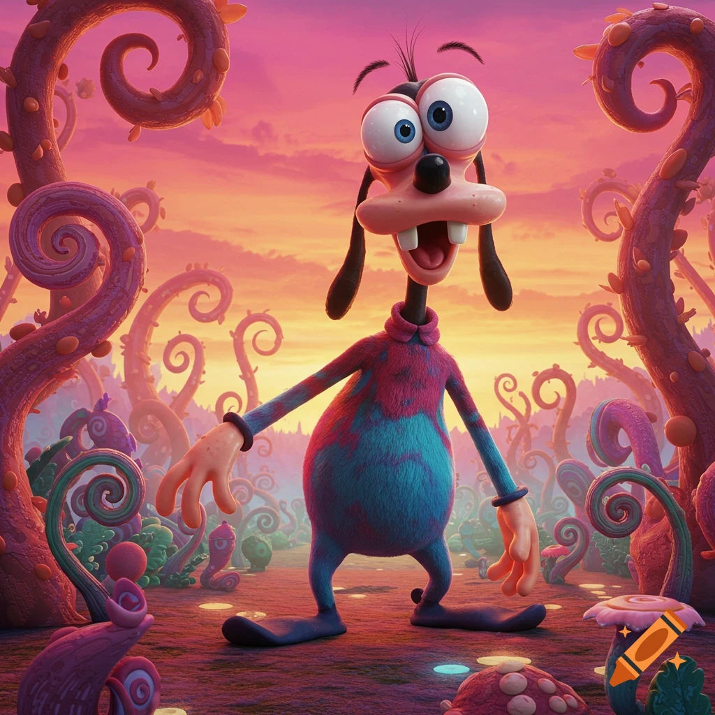 A weird, stylized Goofy-like character with huge eyes and an open mouth stands in a vibrant, alien landscape with swirling pink plants under a sunset sky.