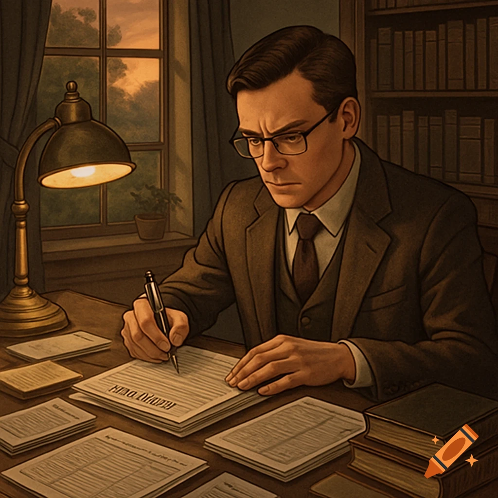 Man in a suit and glasses writing with a pen at a desk under a lamp, with papers and books.