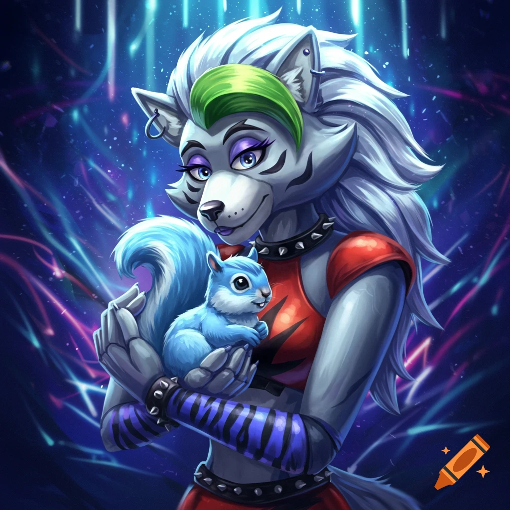 Roxanne Wolf, a grey wolf with green hair, holds a tiny blue squirrel against a neon-lit background in a detailed illustration.