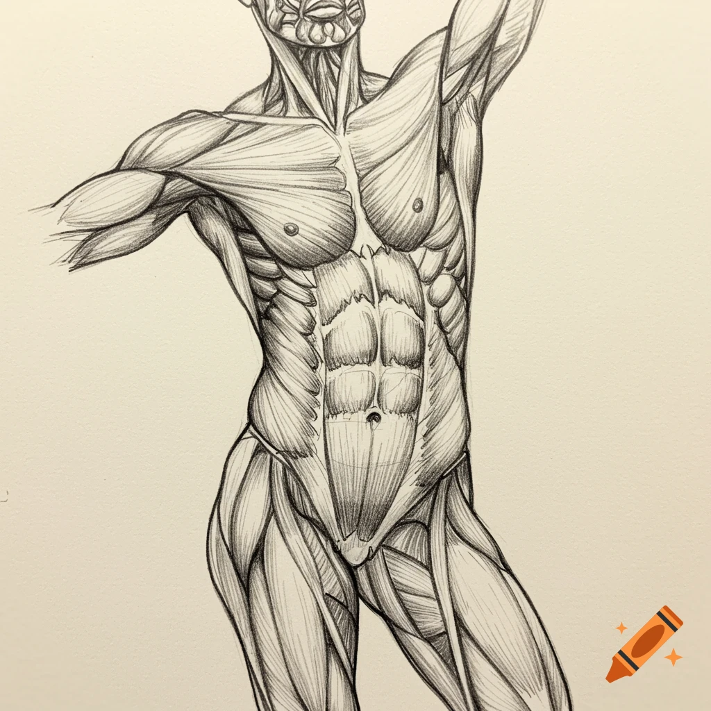 Detailed pencil sketch of a human torso and upper legs, showing muscular anatomy.
