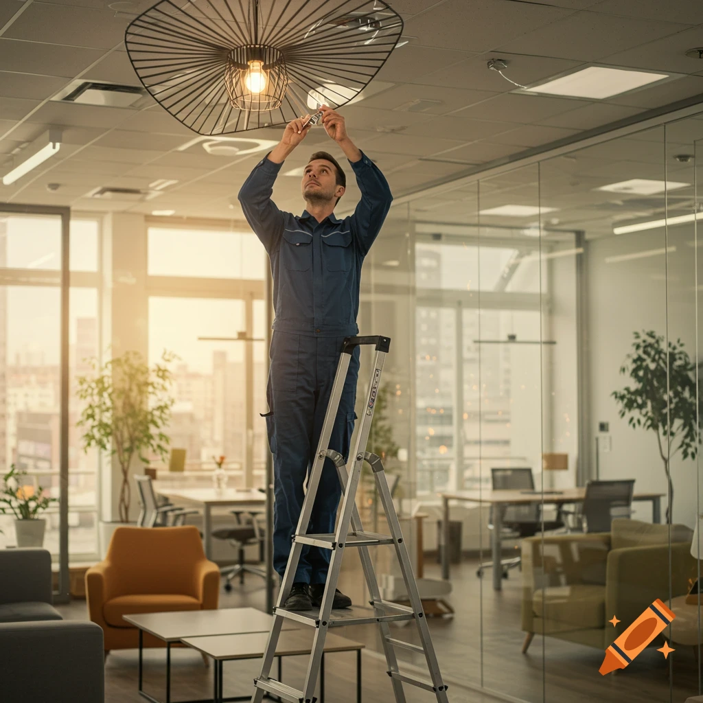 A photorealistic image of a handyman in blue overalls on a ladder, changing a lightbulb in a modern office with large windows.