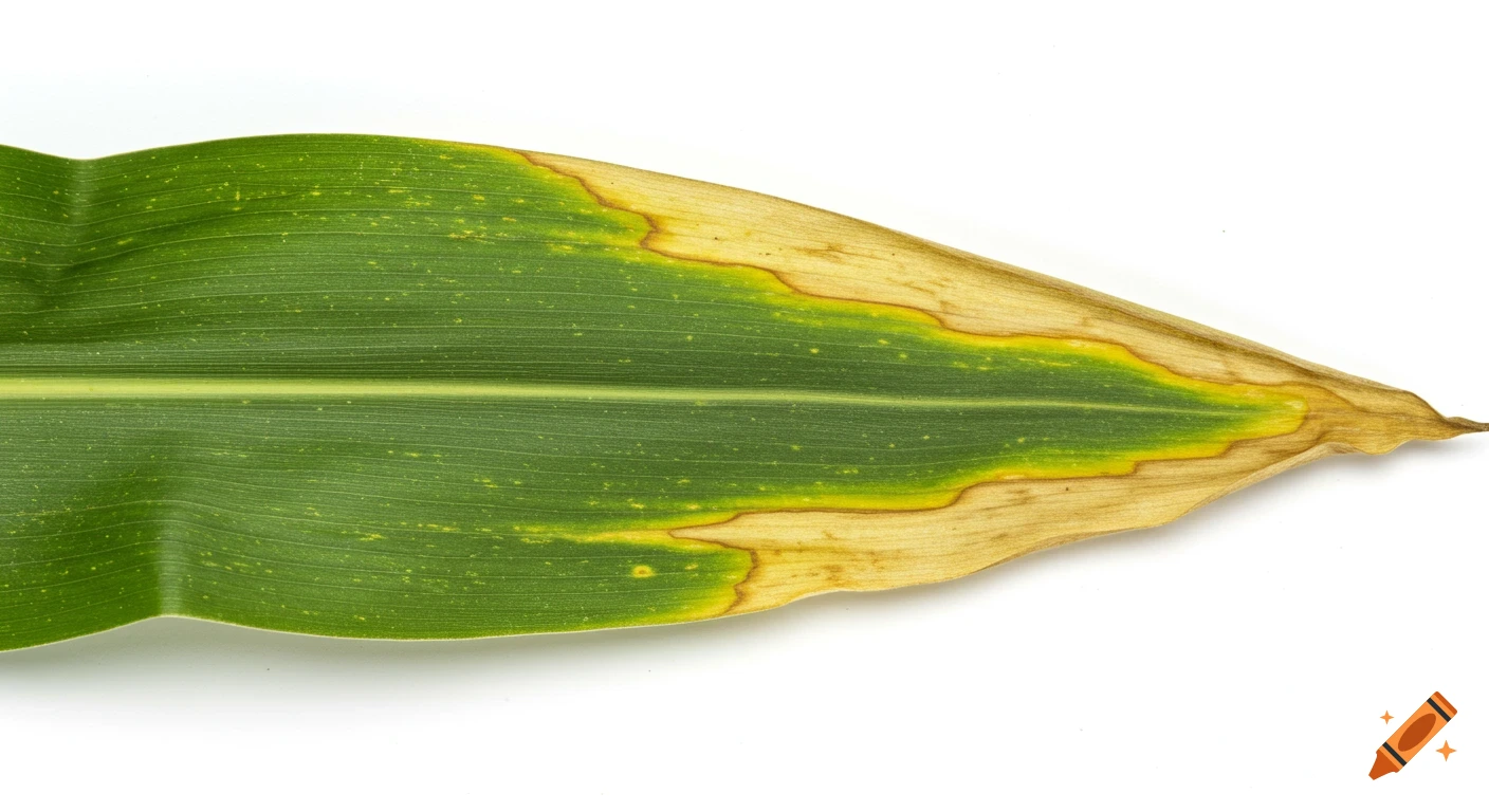 Close-up photo of a maize leaf with severe nitrogen deficiency, showing green and yellow chlorosis on a white background.